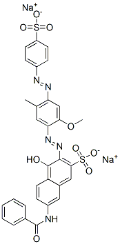 7-(Benzoylamino)-4-hydroxy-3-[[2-methoxy-5-methyl-4-[(4-sulfophenyl)azo]phenyl]azo]-2-naphthalenesulfonic acid disodium salt Struktur