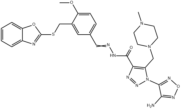 1H-1,2,3-Triazole-4-carboxylicacid,1-(4-amino-1,2,5-oxadiazol-3-yl)-5-[(4-methyl-1-piperazinyl)methyl]-,[[3-[(2-benzoxazolylthio)methyl]-4-methoxyphenyl]methylene]hydrazide(9CI) Struktur