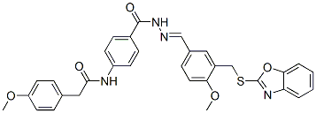 Benzoic acid, 4-[[(4-methoxyphenyl)acetyl]amino]-, [[3-[(2-benzoxazolylthio)methyl]-4-methoxyphenyl]methylene]hydrazide (9CI) Struktur