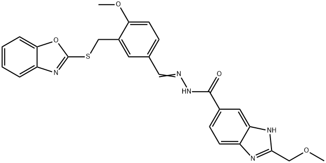 1H-Benzimidazole-5-carboxylicacid,2-(methoxymethyl)-,[[3-[(2-benzoxazolylthio)methyl]-4-methoxyphenyl]methylene]hydrazide(9CI) Struktur