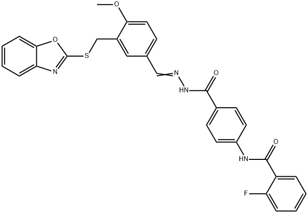 Benzoic acid, 4-[(2-fluorobenzoyl)amino]-, [[3-[(2-benzoxazolylthio)methyl]-4-methoxyphenyl]methylene]hydrazide (9CI) Struktur