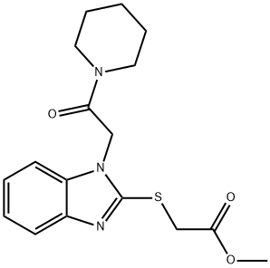 Acetic acid, [[1-[2-oxo-2-(1-piperidinyl)ethyl]-1H-benzimidazol-2-yl]thio]-, methyl ester (9CI) Struktur