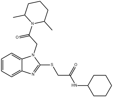 Acetamide, N-cyclohexyl-2-[[1-[2-(2,6-dimethyl-1-piperidinyl)-2-oxoethyl]-1H-benzimidazol-2-yl]thio]- (9CI) Struktur