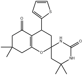 Spiro[2H-1-benzopyran-2,4(3H)-pyrimidine]-2,5(1H,3H)-dione, 4,5,6,6,7,8-hexahydro-6,6,7,7-tetramethyl-4-(2-thienyl)- (9CI) Struktur