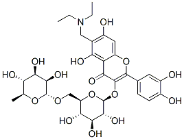 3-[[6-O-(6-deoxy-alpha-L-mannopyranosyl)-beta-D-glucopyranosyl]oxy]-6-[(diethylamino)methyl]-2-(3,4-dihydroxyphenyl)-5,7-dihydroxy-4H-1-benzopyran-4-one Struktur