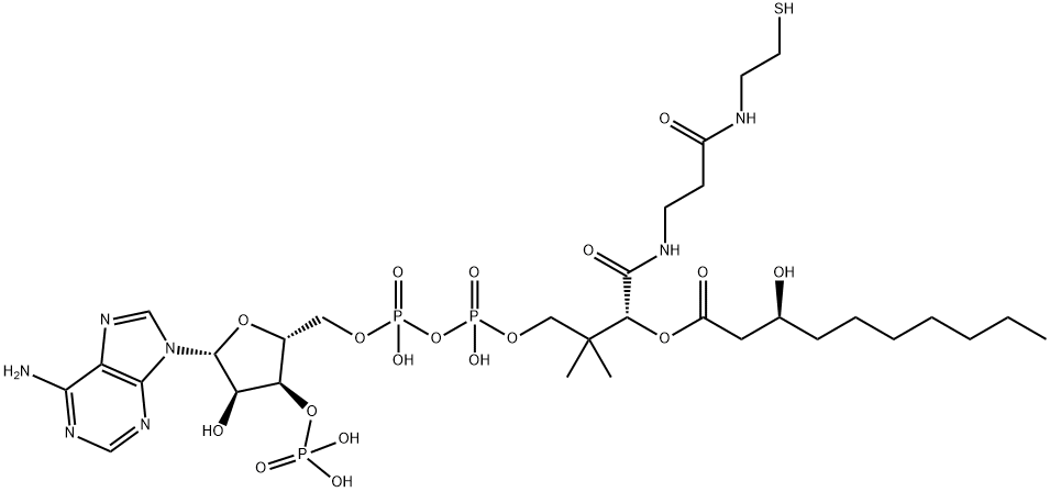 S-[2-[3-[[(2R)-4-[[[(2R,3R,5R)-5-(6-aminopurin-9-yl)-4-hydroxy-3-phosphonooxyoxolan-2-yl]methoxy-hydroxyphosphoryl]oxy-hydroxyphosphoryl]oxy-2-hydroxy-3,3-dimethylbutanoyl]amino]propanoylamino]ethyl] (3S)-3-hydroxydecanethioate Struktur