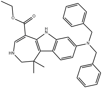 Azepino[4,5-b]indole-5-carboxylic acid, 8-[bis(phenylmethyl)amino]-1,2,3,6-tetrahydro-1,1-dimethyl-, ethyl ester Struktur