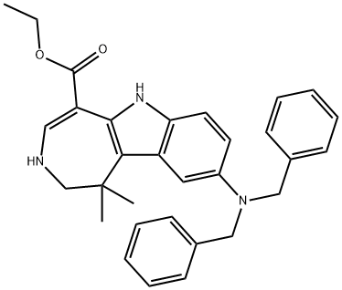 Azepino[4,5-b]indole-5-carboxylic acid, 9-[bis(phenylmethyl)amino]-1,2,3,6-tetrahydro-1,1-dimethyl-, ethyl ester Struktur