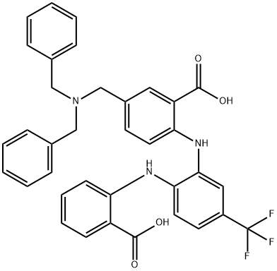 Benzoic  acid,  5-[[bis(phenylmethyl)amino]methyl]-2-[[2-[(2-carboxyphenyl)amino]-5-(trifluoromethyl)phenyl]amino]- Struktur