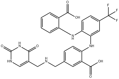 Benzoic  acid,  2-[[2-[(2-carboxyphenyl)amino]-5-(trifluoromethyl)phenyl]amino]-5-[[[(1,2,3,4-tetrahydro-2,4-dioxo-5-pyrimidinyl)methyl]amino]methyl]- Struktur