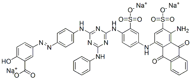 Benzoic acid, 5-4-4-4-(4-amino-9,10-dihydro-9,10-dioxo-3-sulfo-1-anthracenyl)amino-2-sulfophenylamino-6-(phenylamino)-1,3,5-triazin-2-ylaminophenylazo-2-hydroxy-, trisodium salt Struktur