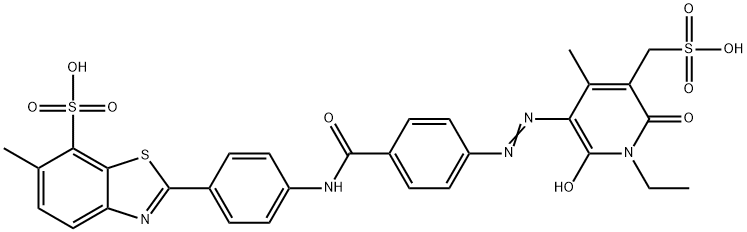 2-[4-[[4-[[1-ethyl-1,6-dihydro-2-hydroxy-4-methyl-6-oxo-5-(sulphomethyl)-3-pyridyl]azo]benzoyl]amino]phenyl]-6-methylbenzothiazole-7-sulphonic acid Struktur