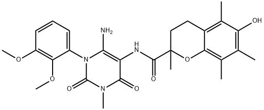 2H-1-Benzopyran-2-carboxamide,  N-[6-amino-1-(2,3-dimethoxyphenyl)-1,2,3,4-tetrahydro-3-methyl-2,4-dioxo-5-pyrimidinyl]-3,4-dihydro-6-hydroxy- Struktur