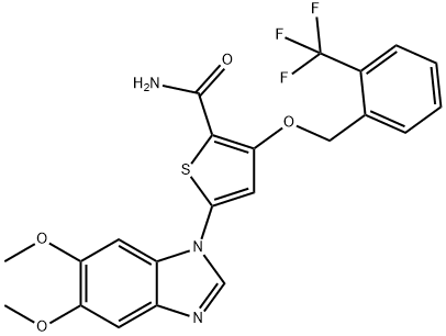 GW843682,  5-(5,6-Dimethoxy-1H-benzimidazol-1-yl)-3-{[2-(trifluoromethyl)-benzyl]oxy}thiophene-2-carboxamide Struktur