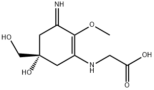 N-[5-Hydroxy-5-(hydroxymethyl)-3-imino-2-methoxy-1-cyclohexen-1-yl]glycine Struktur