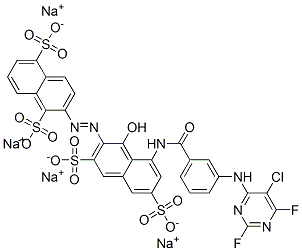 tetrasodium 2-[[8-[[3-[(5-chloro-2,6-difluoro-4-pyrimidinyl)amino]benzoyl]amino]-1-hydroxy-3,6-disulphonato-2-naphthyl]azo]naphthalene-1,5-disulphonate Struktur