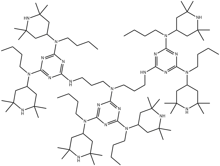 N2,N2-bis[3-[[4,6-bis[butyl(2,2,6,6-tetramethyl-4-piperidyl)amino]-1,3,5-triazin-2-yl]amino]propyl]-N4,N6-dibutyl-N4,N6-bis(2,2,6,6-tetramethyl-4-piperidyl)-1,3,5-triazine-2,4,6-triamine Struktur