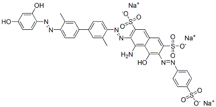 trisodium 4-amino-3-[[4'-[(2,4-dihydroxyphenyl)azo]-3,3'-dimethyl[1,1'-biphenyl]-4-yl]azo]-5-hydroxy-6-[(4-sulphonatophenyl)azo]naphthalene-2,7-disulphonate  Struktur