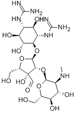 N,N'-Bis(aminoiminomethyl)-4-O-[2-O-(2-deoxy-2-methylamino-α-L-glucopyranosyl)-3-C-formyl-α-L-lyxofuranosyl]-D-streptamine Struktur