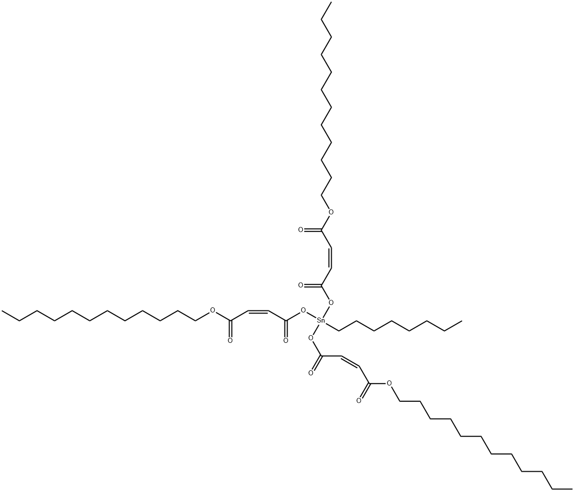 dodecyl (Z,Z,Z)-6-[[4-(dodecyloxy)-1,4-dioxobut-2-enyl]oxy]-6-octyl-4,8,11-trioxo-5,7,12-trioxa-6-stannatetracosa-2,9-dienoate  Struktur