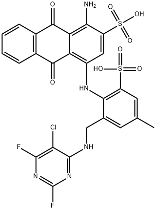 1-amino-4-[[2-[[(5-chloro-2,6-difluoro-4-pyrimidinyl)amino]methyl]-4-methyl-6-sulphophenyl]amino]-9,10-dihydro-9,10-dioxoanthracene-2-sulphonic acid Struktur