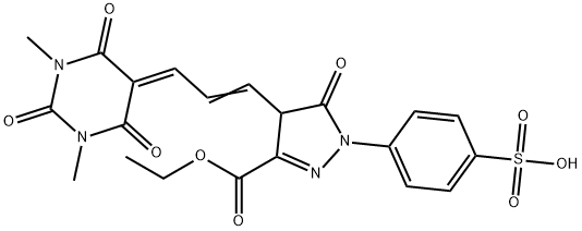 3-ethyl 4,5-dihydro-5-oxo-1-(4-sulphophenyl)-4-[3-(tetrahydro-1,3-dimethyl-2,4,6-trioxo-5(2H)-pyrimidinylidene)prop-1-enyl]-1H-pyrazole-3-carboxylate Struktur