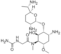 2-Amino-5-[[[(aminocarbonyl)amino]acetyl]methylamino]-1-O-(2,6-diamino-2,3,4,6,7-pentadeoxy-β-L-lyxo-heptopyranosyl)-4-O-methyl-2,3,5-trideoxy-D-allo-inositol Struktur