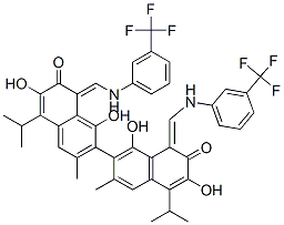 7-[1,6-dihydroxy-3-methyl-7-oxo-5-propan-2-yl-8-[[[3-(trifluoromethyl) phenyl]amino]methylidene]naphthalen-2-yl]-3,8-dihydroxy-6-methyl-4-pro pan-2-yl-1-[[[3-(trifluoromethyl)phenyl]amino]methylidene]naphthalen-2 -one Struktur