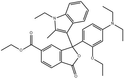 ethyl 3-[4-(diethylamino)-2-ethoxyphenyl]-3-(1-ethyl-2-methyl-1H-indol-3-yl)-1,3-dihydro-1-oxoisobenzofuran-5-carboxylate Struktur