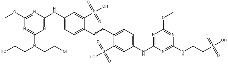 Benzenesulfonic acid, 5-[[4-[bis(2-hydroxyethyl) amino]-6-methoxy-1,3,5-triazin-2-yl]amino]-2-[2- [4-[[4-methoxy-6-[(2-sulfoethyl)amino]-1,3,5-triazi n-2-yl]amino]-2-sulfophenyl]ethenyl]- Struktur