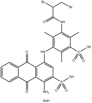 disodium 1-amino-4-[[3-[(2,3-dibromo-1-oxopropyl)amino]-2,4,6-trimethyl-5-sulphonatophenyl]amino]-9,10-dihydro-9,10-dioxoanthracene-2-sulphonate Struktur