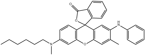 6'-[Methyl(hexyl)amino]-3'-methyl-2'-(phenylamino)spiro[isobenzofuran-1(3H),9'-[9H]xanthen]-3-one Struktur