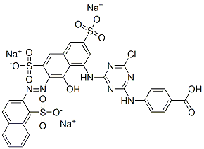 trisodium hydrogen 4-[[4-chloro-6-[[8-hydroxy-3,6-disulphonato-7-[(1-sulphonato-2-naphthyl)azo]-1-naphthyl]amino]-1,3,5-triazin-2-yl]amino]benzoate Struktur