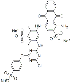 trisodium 1-amino-4-[[3-[[4-chloro-6-(4-sulphonatophenoxy)-1,3,5-triazin-2-yl]amino]-2,4,6-trimethyl-5-sulphonatophenyl]amino]-9,10-dihydro-9,10-dioxoanthracene-2-sulphonate Struktur