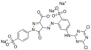 trisodium 4-[[5-[(4,6-dichloro-1,3,5-triazin-2-yl)amino]-2-sulphonatophenyl]azo]-4,5-dihydro-5-oxo-1-(4-sulphonatophenyl)-1H-pyrazole-3-carboxylate Struktur