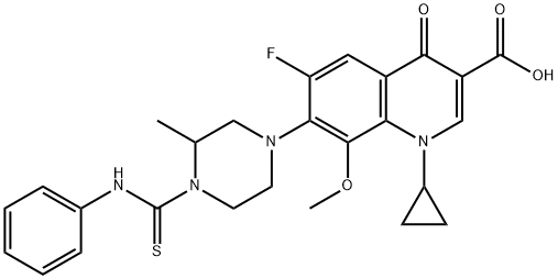 3-Quinolinecarboxylic acid, 1-cyclopropyl-6-fluoro-1,4-dihydro-8-Methoxy-7-[3-Methyl-4-[(phenylaMino)thioxoMethyl]-1-piperazinyl]-4-oxo- Struktur