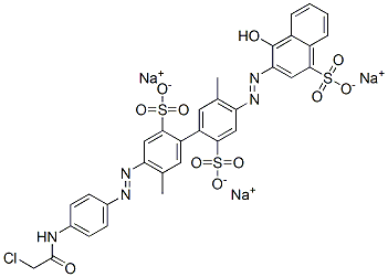 trisodium 4-[[4-[(chloroacetyl)amino]phenyl]azo]-4'-[(1-hydroxy-4-sulphonato-2-naphthyl)azo]-5,5'-dimethyl[1,1'-biphenyl]-2,2'-disulphonate Struktur