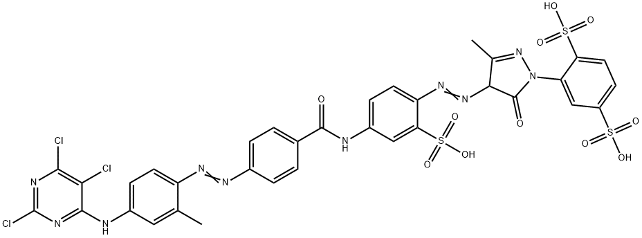 2-[4,5-dihydro-3-methyl-4-[[4-[[4-[[2-methyl-4-[(2,5,6-trichloropyrimidin-4-yl)amino]phenyl]azo]benzoyl]amino]-2-sulphophenyl]azo]-5-oxo-1H-pyrazol-1-yl]benzene-1,4-disulphonic acid Struktur