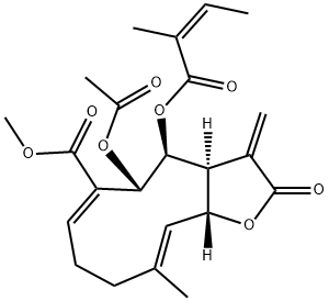 (3aS,4S,5S,6E,10E,11aR)-5-Acetoxy-2,3,3a,4,5,8,9,11a-octahydro-10-methyl-3-methylene-4-[[(Z)-2-methyl-1-oxo-2-butenyl]oxy]-2-oxocyclodeca[b]furan-6-carboxylic acid methyl ester Struktur