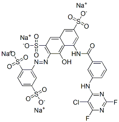 tetrasodium 5-[[3-[(5-chloro-2,6-difluoropyrimidin-4-yl)amino]benzoyl]amino]-3-[(2,5-disulphonatophenyl)azo]-4-hydroxynaphthalene-2,7-disulphonate Struktur