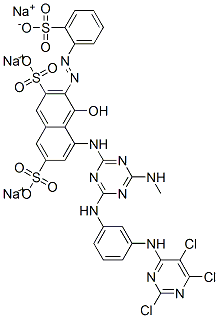 trisodium 4-hydroxy-5-[[4-(methylamino)-6-[[3-[(2,5,6-trichloro-4-pyrimidinyl)amino]phenyl]amino]-1,3,5-triazin-2-yl]amino]-3-[(2-sulphonatophenyl)azo]naphthalene-2,7-disulphonate Struktur