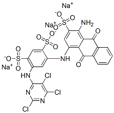 trisodium 4-[(4-amino-9,10-dihydro-9,10-dioxo-3-sulphonato-1-anthryl)amino]-6-[(2,5,6-trichloropyrimidin-4-yl)amino]benzene-1,3-disulphonate Struktur