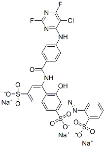 trisodium 5-[[4-[(5-chloro-2,6-difluoro-4-pyrimidinyl)amino]benzoyl]amino]-4-hydroxy-3-[(2-sulphonatophenyl)azo]naphthalene-2,7-disulphonate  Struktur