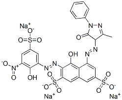 trisodium 5-[(4,5-dihydro-3-methyl-5-oxo-1-phenyl-1H-pyrazol-4-yl)azo]-4-hydroxy-3-[(2-hydroxy-3-nitro-5-sulphonatophenyl)azo]naphthalene-2,7-disulphonate Struktur