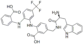 Benzoic  acid,  5-[[[(2S)-2-amino-3-(1H-indol-3-yl)-1-oxopropyl]amino]methyl]-2-[[2-[(2-carboxyphenyl)amino]-5-(trifluoromethyl)phenyl]amino]- Struktur