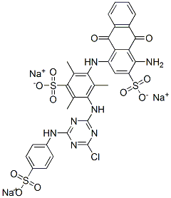 trisodium 1-amino-4-[[3-[[4-chloro-6-[(4-sulphonatophenyl)amino]-1,3,5-triazin-2-yl]amino]-2,4,6-trimethyl-5-sulphonatophenyl]amino]-9,10-dihydro-9,10-dioxoanthracene-2-sulphonate Struktur