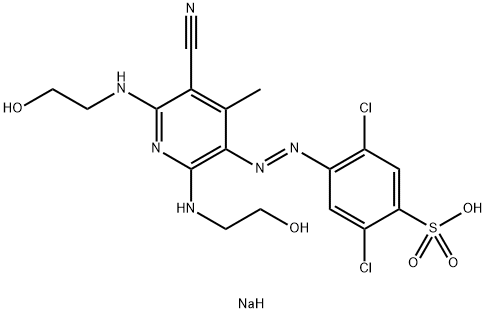 sodium 2,5-dichloro-4-[[5-cyano-2,6-bis[(2-hydroxyethyl)amino]-4-methyl-3-pyridyl]azo]benzenesulphonate  Struktur