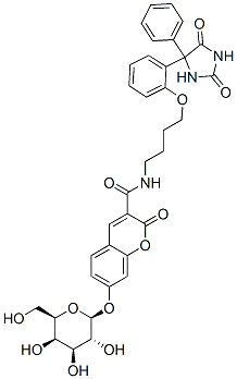 N-[4-[2-(2,5-dioxo-4-phenylimidazolidin-4-yl)phenoxy]butyl]-7-(beta-D-galactopyranosyloxy)-2-oxo-2H-1-benzopyran-3-carboxamide  Struktur