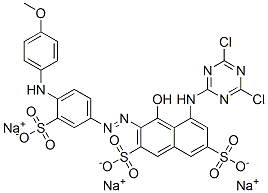 trisodium 5-[(4,6-dichloro-1,3,5-triazin-2-yl)amino]-4-hydroxy-3-[[4-[(4-methoxyphenyl)amino]-3-sulphonatophenyl]azo]naphthalene-2,7-disulphonate Struktur