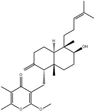 3-[[Decahydro-6-hydroxy-5,8a-dimethyl-2-methylene-5-(4-methyl-3-pentenyl)naphthalen-1-yl]methyl]-2-methoxy-5,6-dimethyl-4H-pyran-4-one Struktur